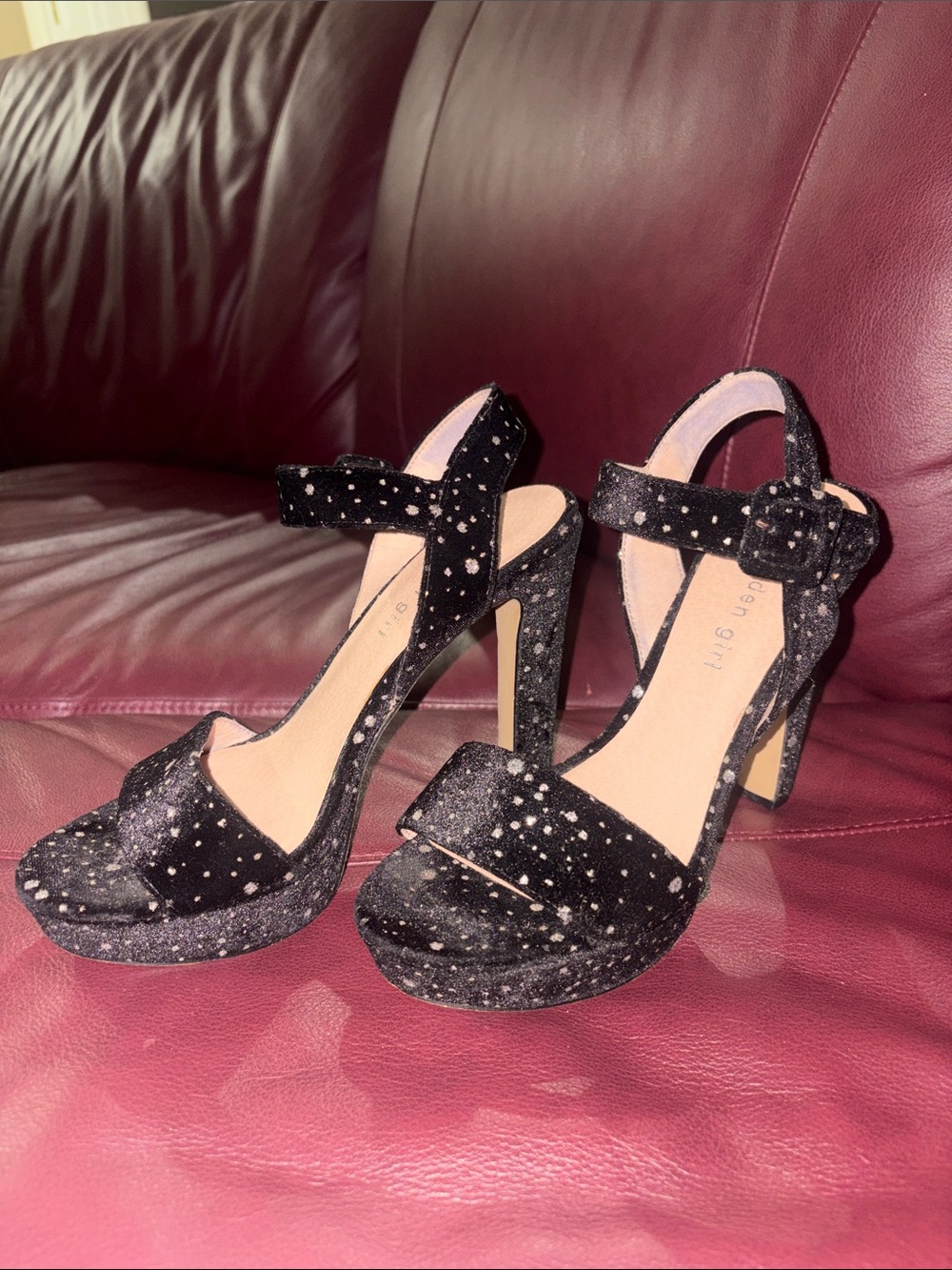Madden Girl Black Glitter Platform Ankle-Strap Heels